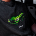 Acid gray t-shirt with a java green bmw M4 car graphic and '///MPIRE' text on a dark background