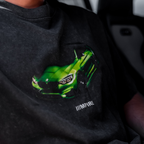 Acid gray t-shirt with a java green bmw M4 car graphic and '///MPIRE' text on a dark background