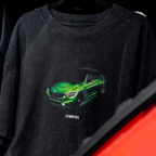 Acid gray t-shirt with a java green bmw M4 car graphic and '///MPIRE' text on a dark background in a car.